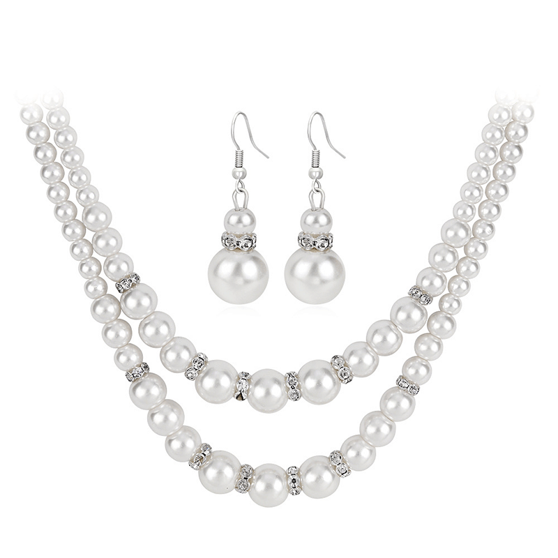ModishWest – Faux Pearl Necklace/Earrings 2-Layer Set