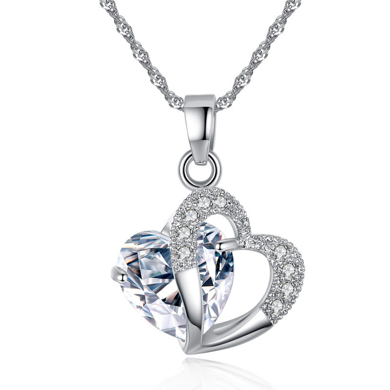 Dual Heart Shape Zircon Crystal Pendant Necklace