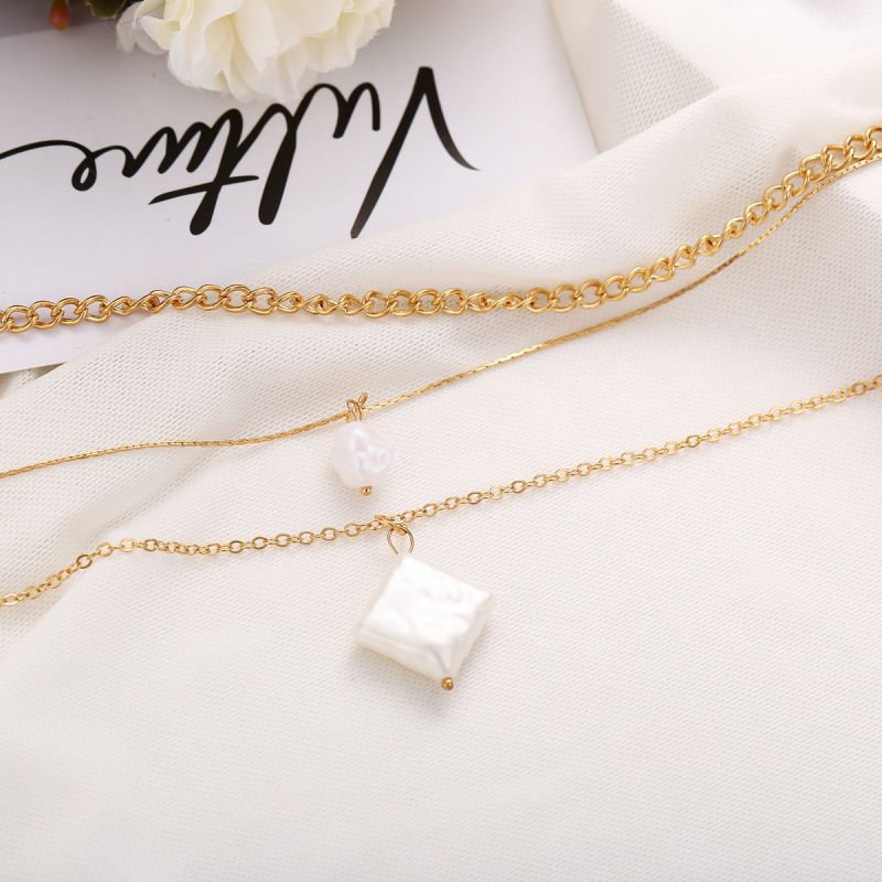 Gold Color Two Faux Pearl Pendant Three-Layer Necklace