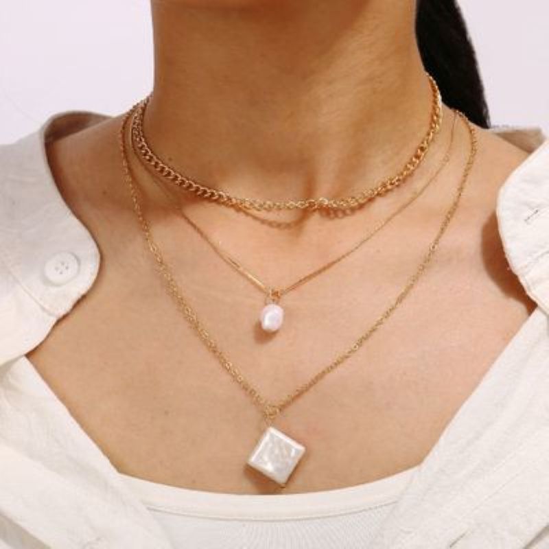 Gold Color Two Faux Pearl Pendant Three-Layer Necklace