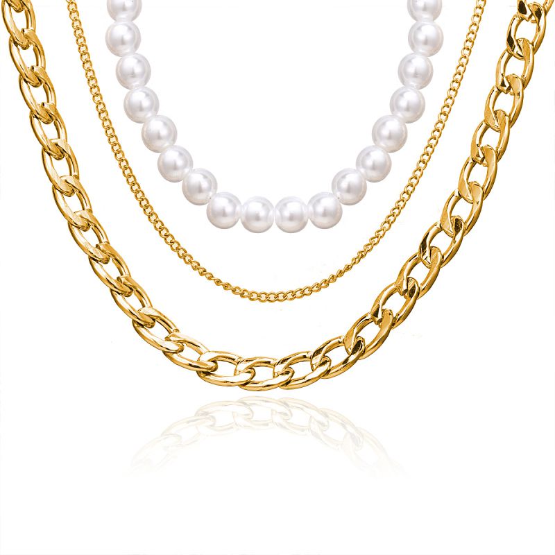 Faux Pearl Gold Color Chain Three-Layer Necklace