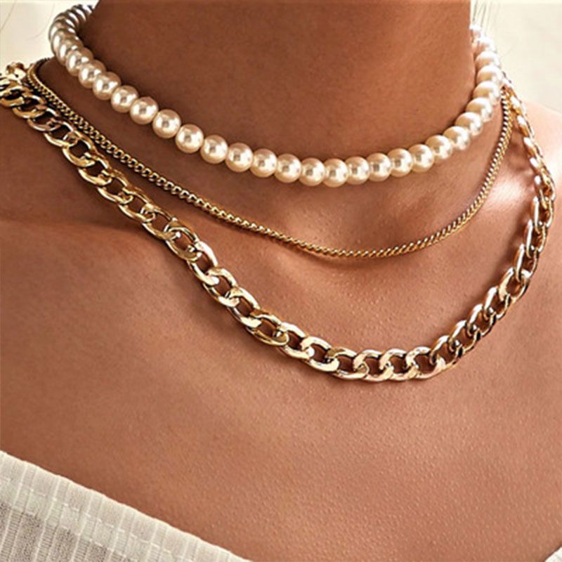 Faux Pearl Gold Color Chain Three-Layer Necklace