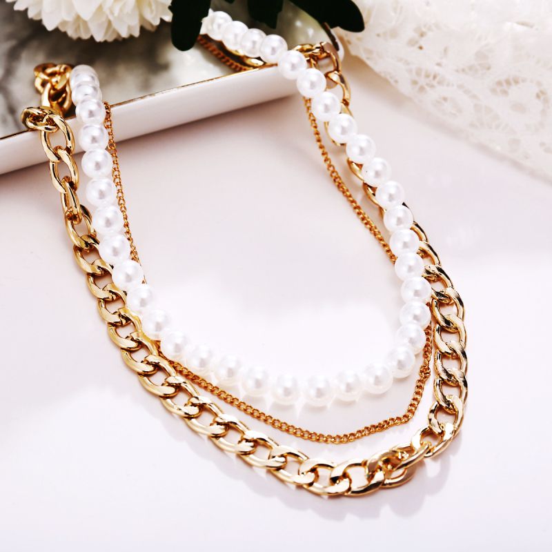 Faux Pearl Gold Color Chain Three-Layer Necklace