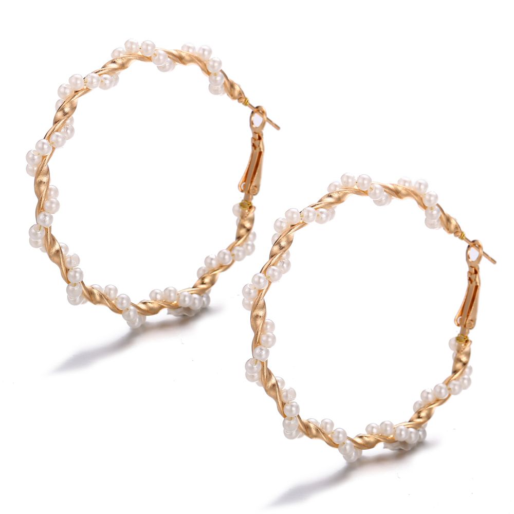 Faux Pearl Winding Design Hoop Earrings