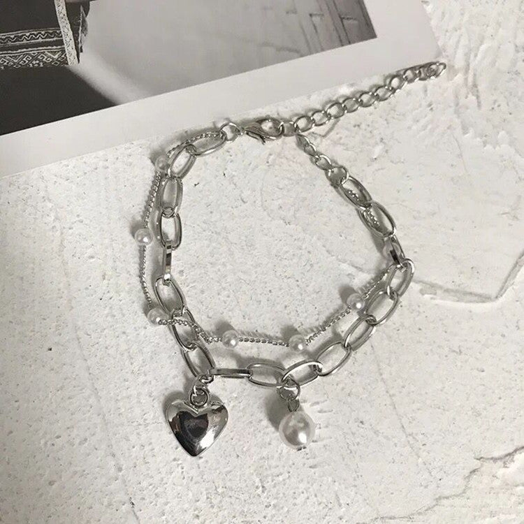 Double Layer Faux Pearl Heart Pendant Bracelet