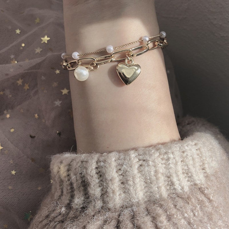 Double Layer Faux Pearl Heart Pendant Bracelet