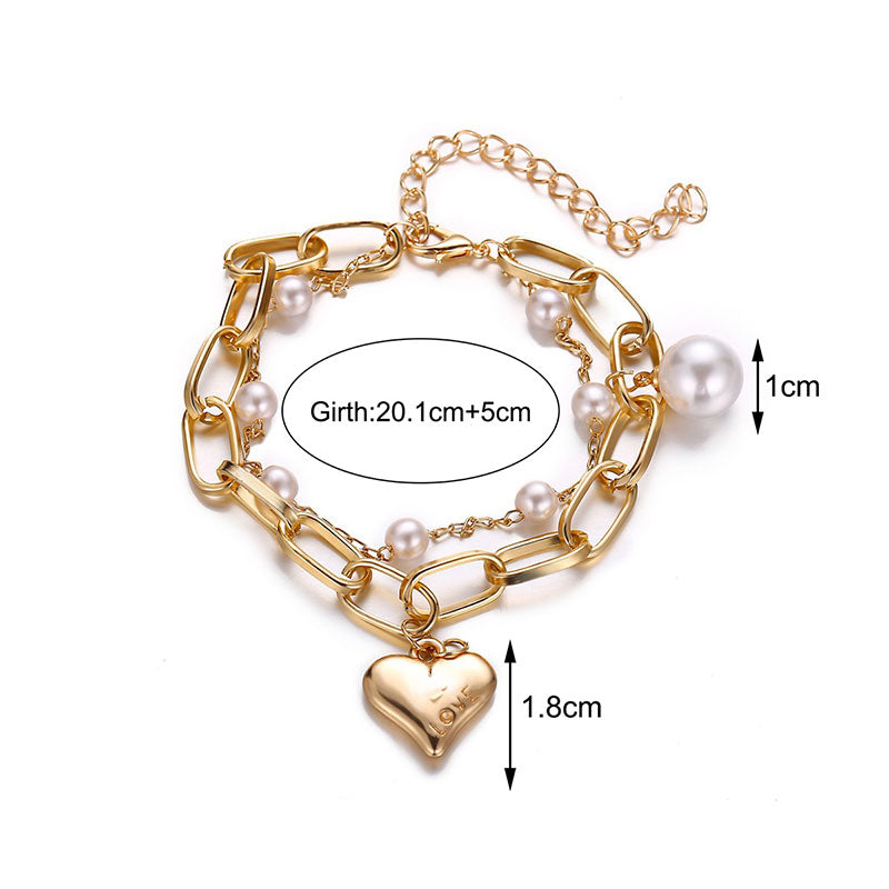 2-Layer Heart Pendant Faux Pearl Bracelets Set
