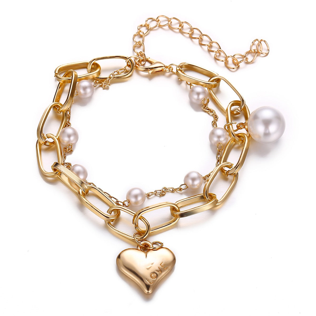 2-Layer Heart Pendant Faux Pearl Bracelets Set