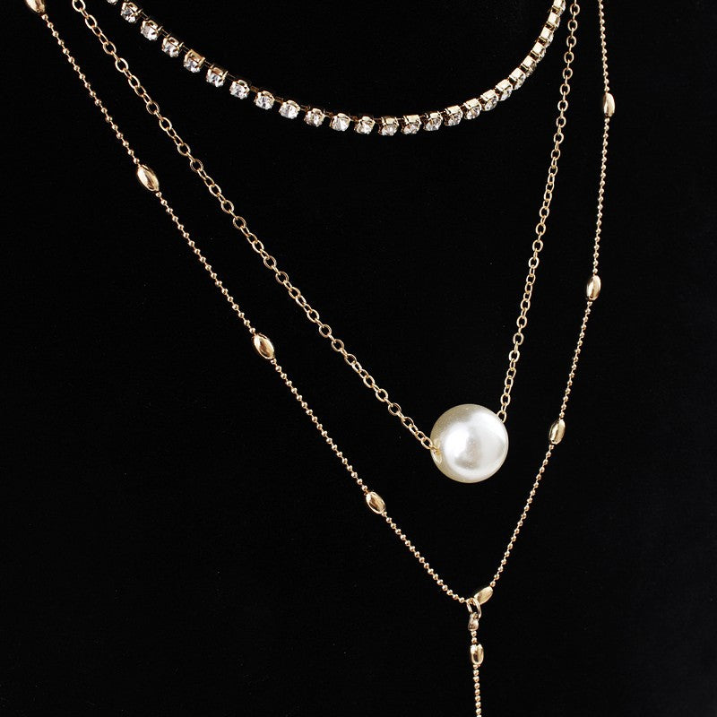 Faux Pearl & Diamond 3-layer Necklace