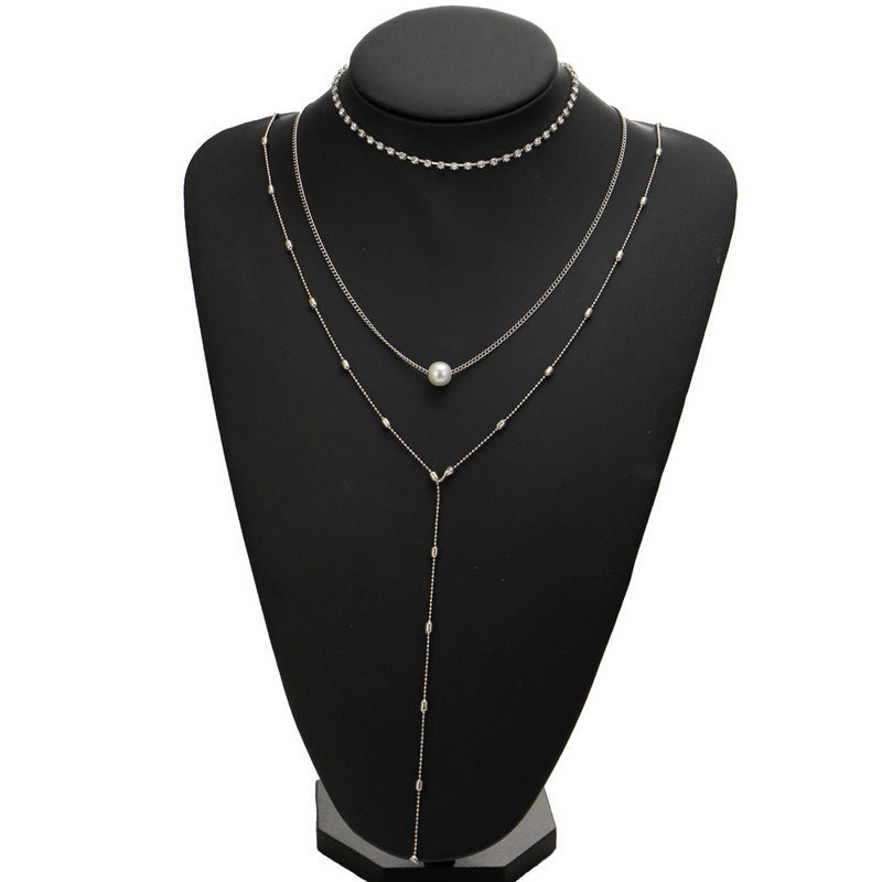 Faux Pearl & Diamond 3-layer Necklace