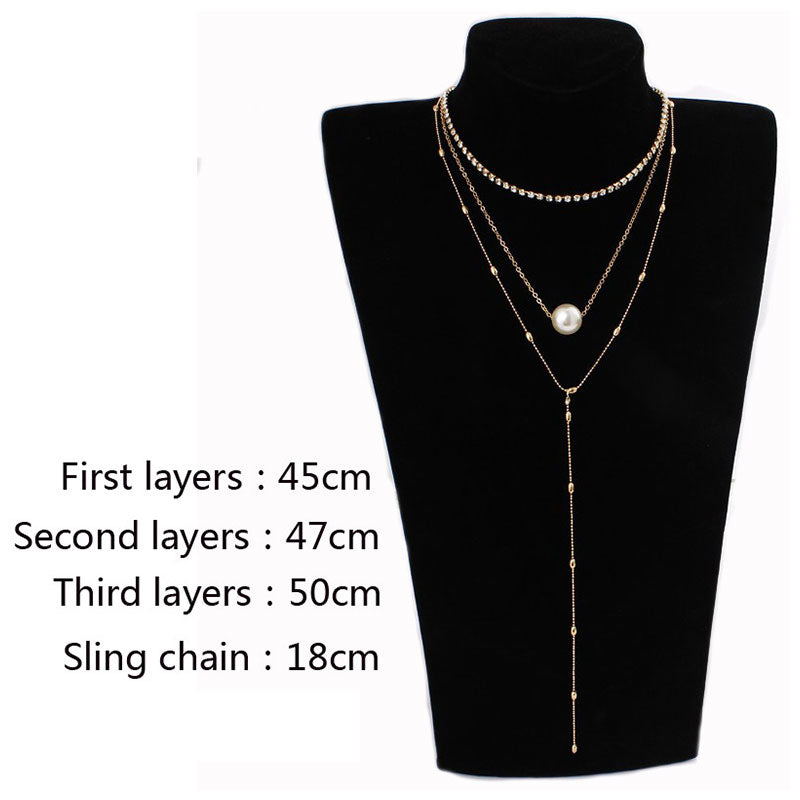 Faux Pearl & Diamond 3-layer Necklace