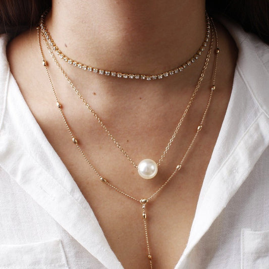 Faux Pearl & Diamond 3-layer Necklace