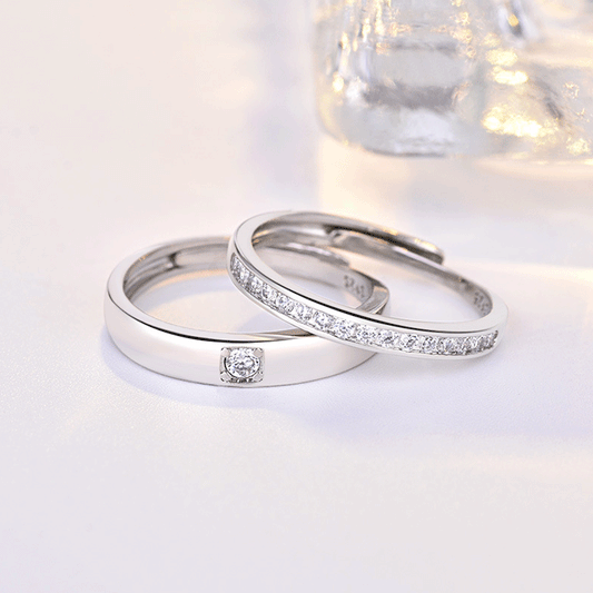 Rhinestone His & Her Adjustable Silver Color Rings