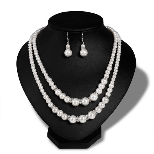 2-Layer Faux Pearl Necklace/Earrings Set