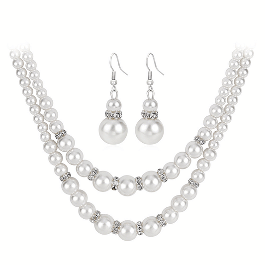 2-Layer Faux Pearl Necklace/Earrings Set