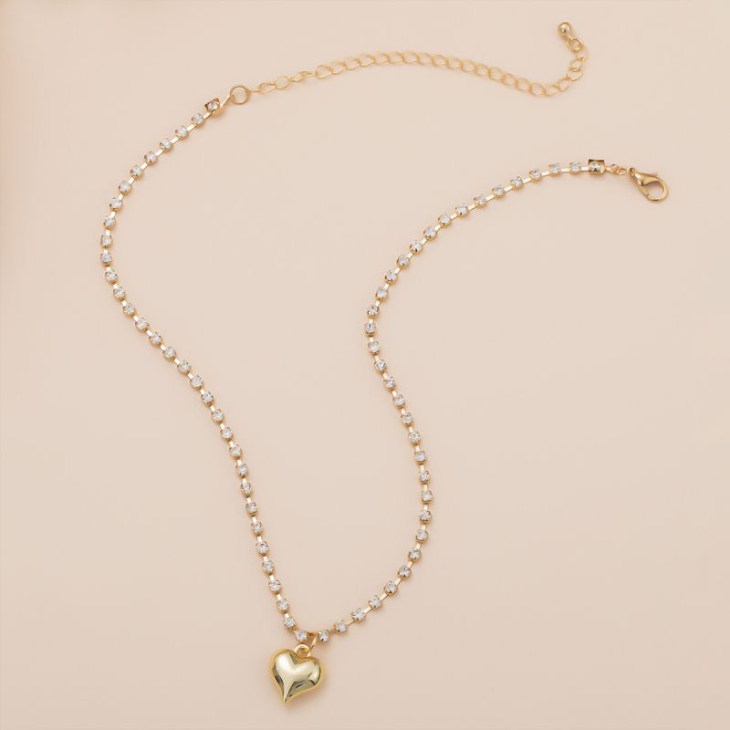 Rhinestone Heart-Shaped Pendant Chain Necklaces.