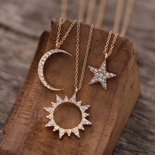 Sun Moon Star Pendant Rhinestone Necklaces