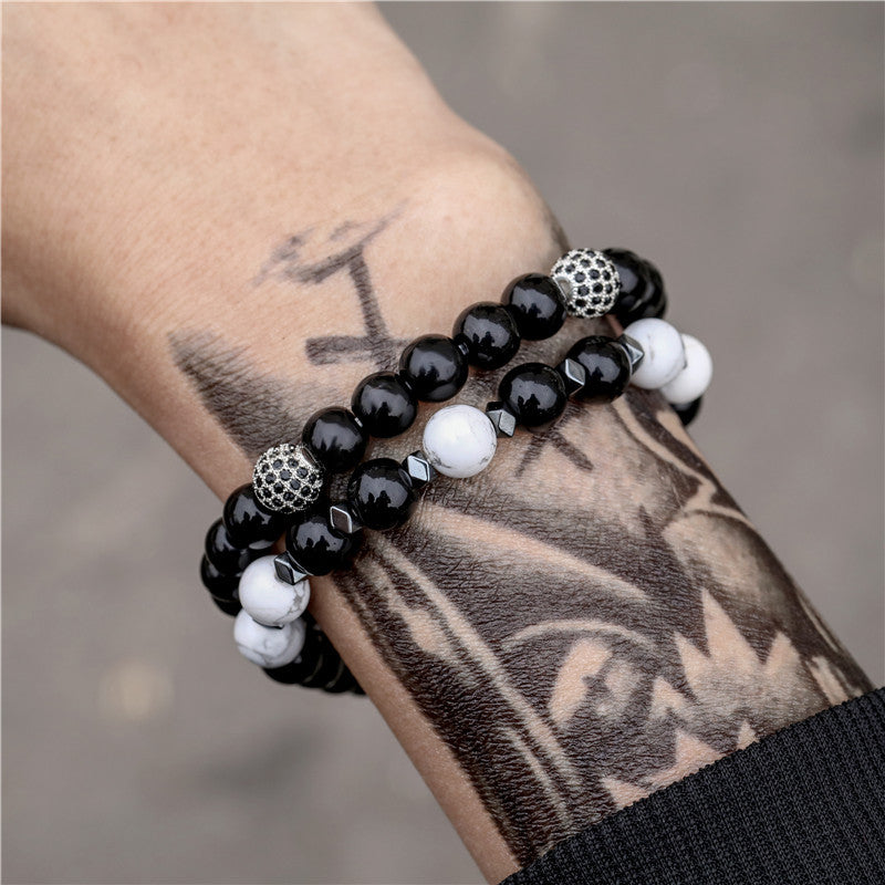 Men Elastic Micro-Inlaid Zircon Beads Bracelets Set