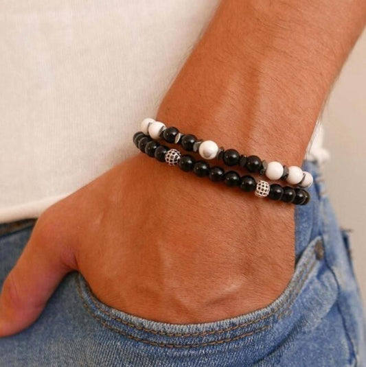 Men Elastic Micro-Inlaid Zircon Beads Bracelets Set