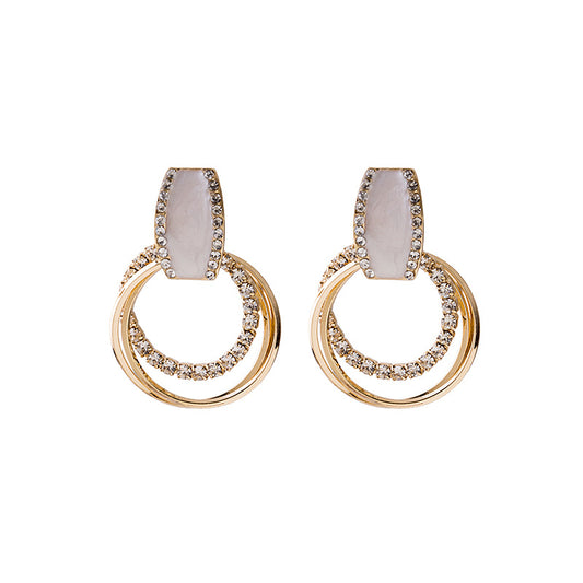 Circle Rhinestones Gold Color Earrings.