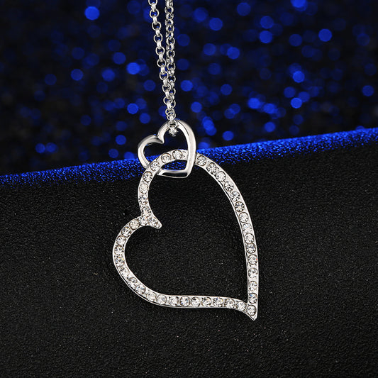 Heart Shaped Faux Diamond Pendant Silver Color Necklace