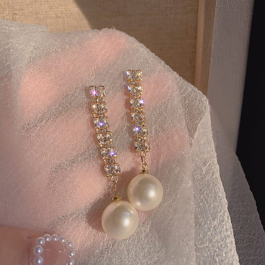 Rhinestone And Faux Pearl Gold Color Long Design Earrings