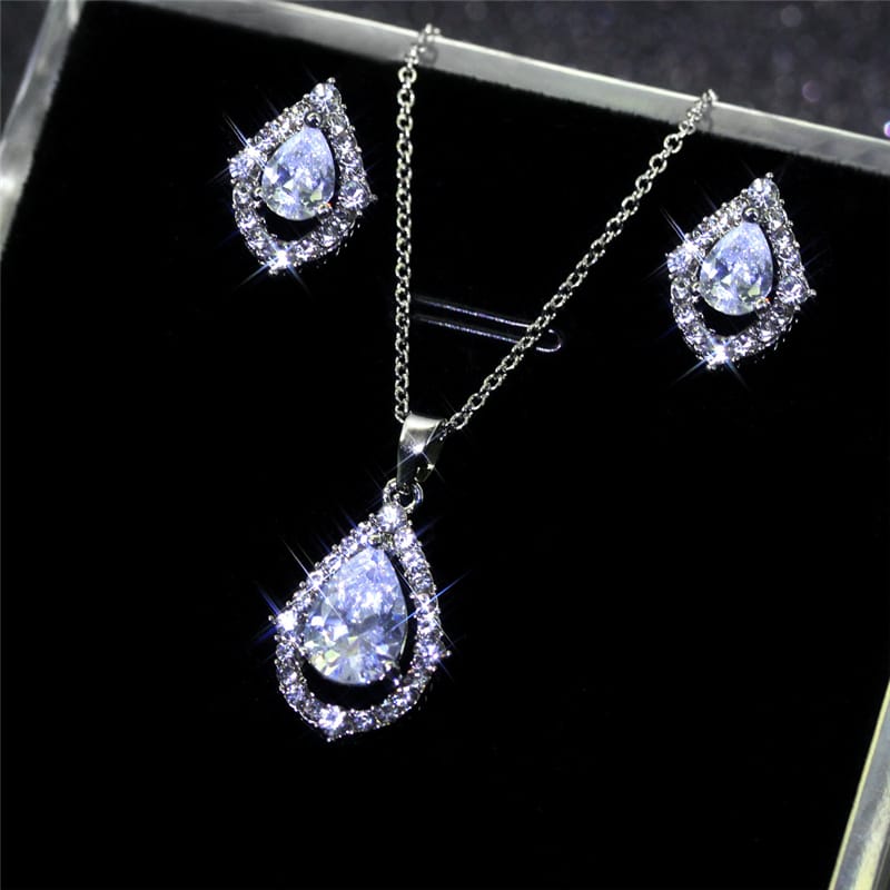 Women 2pc Set Oval Shaped Zircon Necklace And Earrings Set