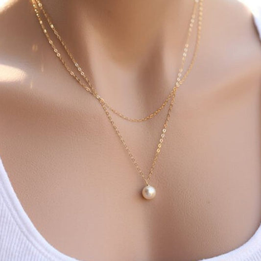 Two Layer Elegant Faux Pearl Pendant Gold Color Necklace