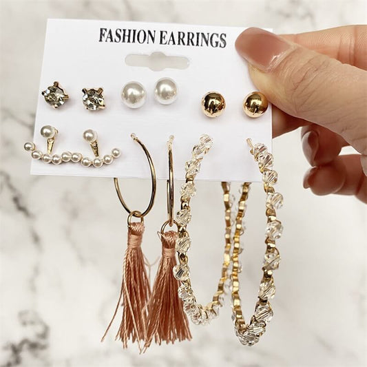 Earring Collection- Faux Pearl Fashionable 6 Pair Earring Set