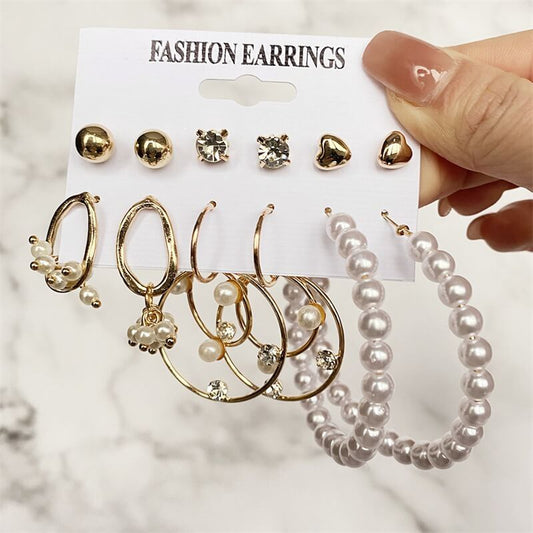 Earring Collection- Faux Pearl Fashionable 6 Pair Earring Set