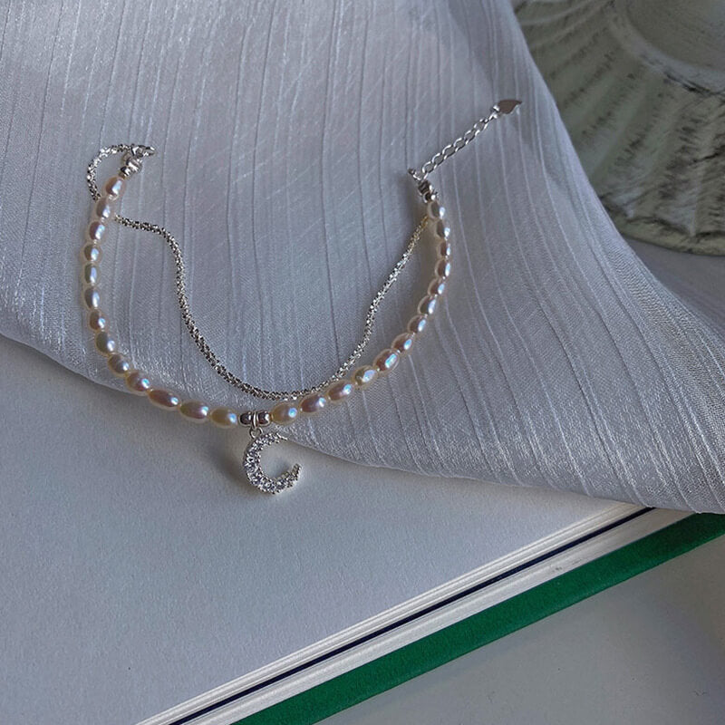 Faux Pearl & Moon Pendant Bracelet.