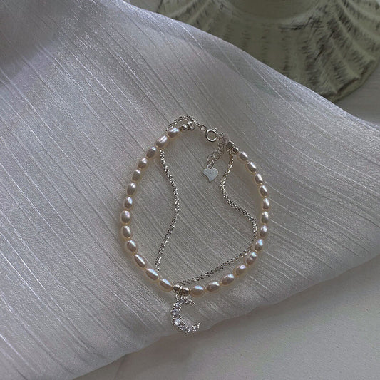 Faux Pearl & Moon Pendant Bracelet.