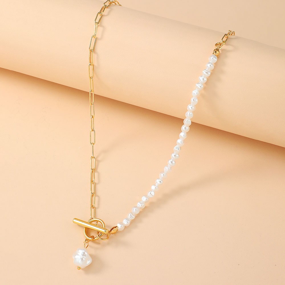 Faux Pearl Gold Color Chain Necklace