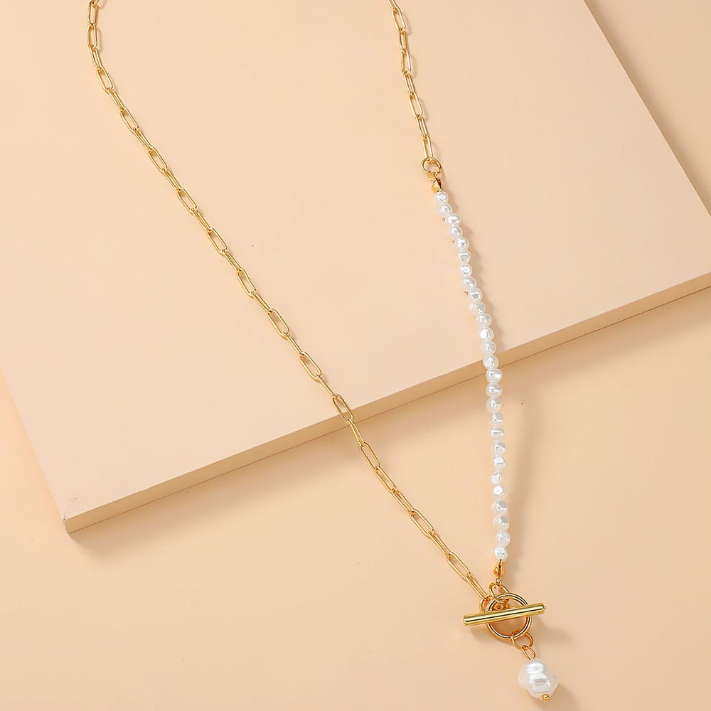 Faux Pearl Gold Color Chain Necklace