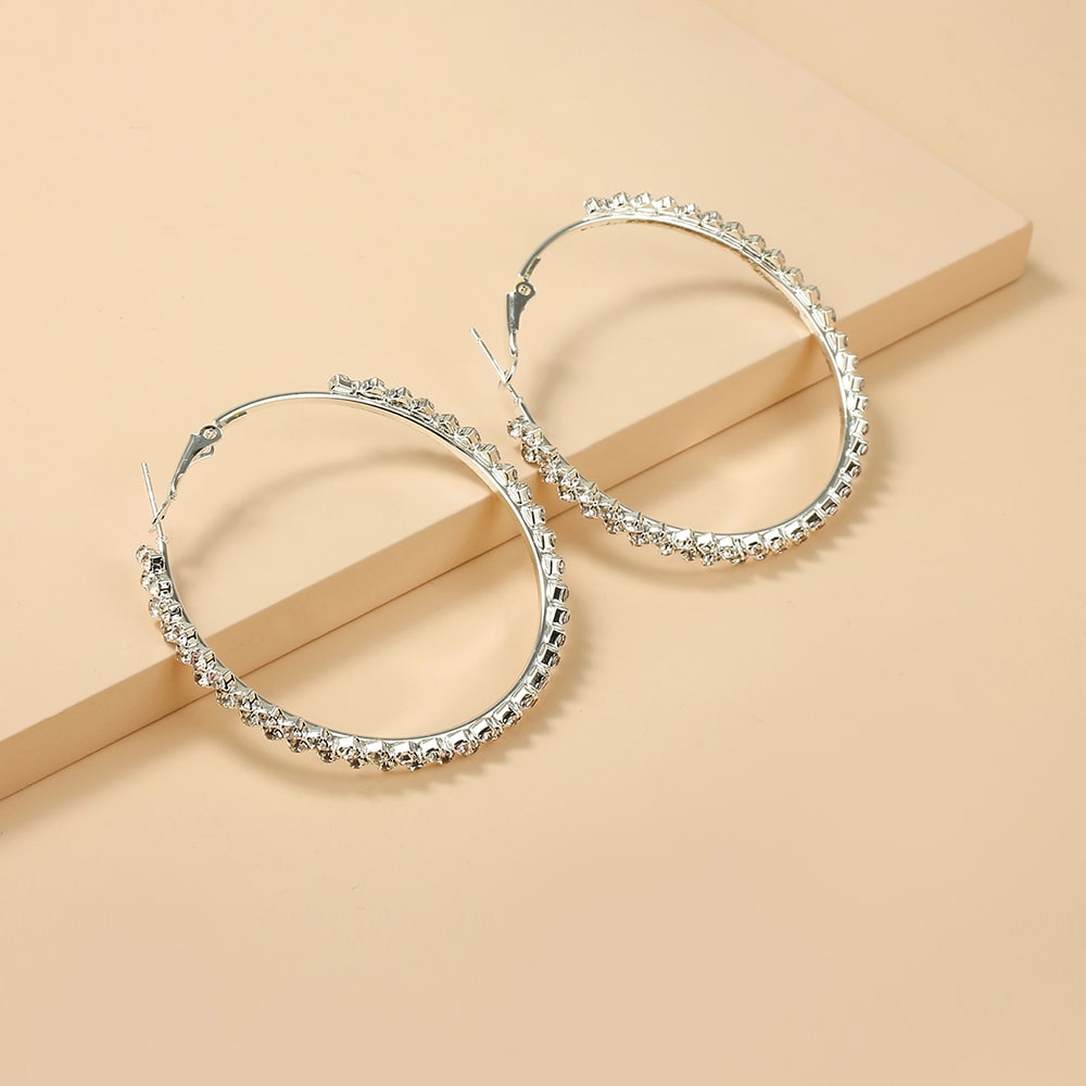 Faux Diamond Large Hoop Silver Earrings