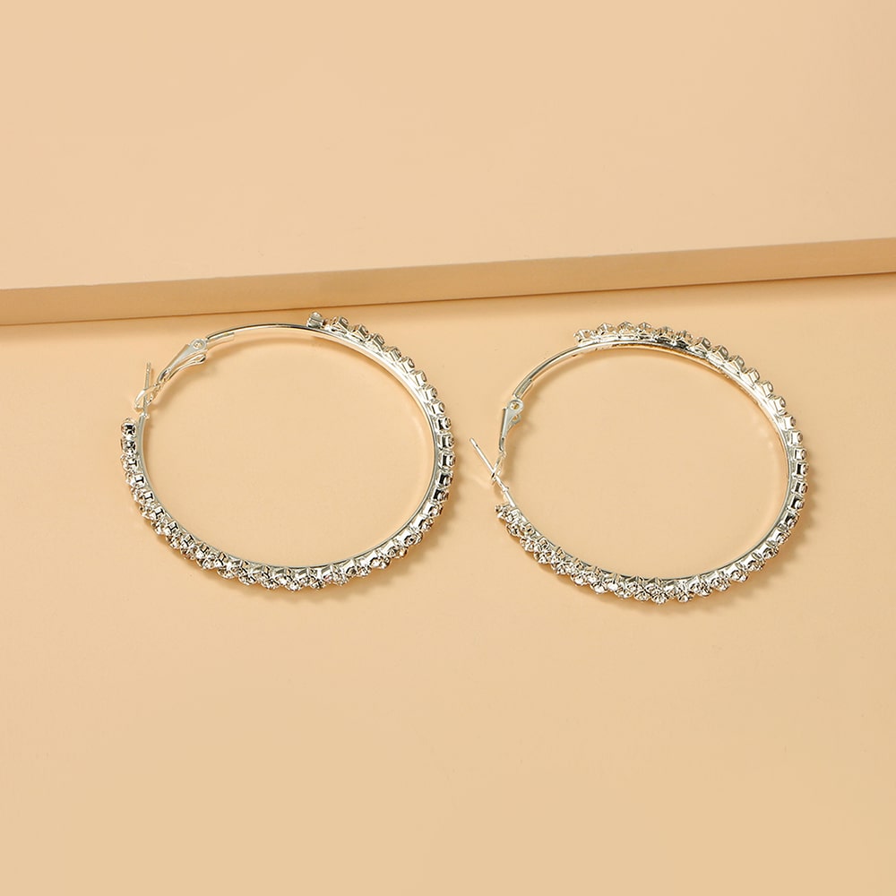 Faux Diamond Large Hoop Silver Earrings