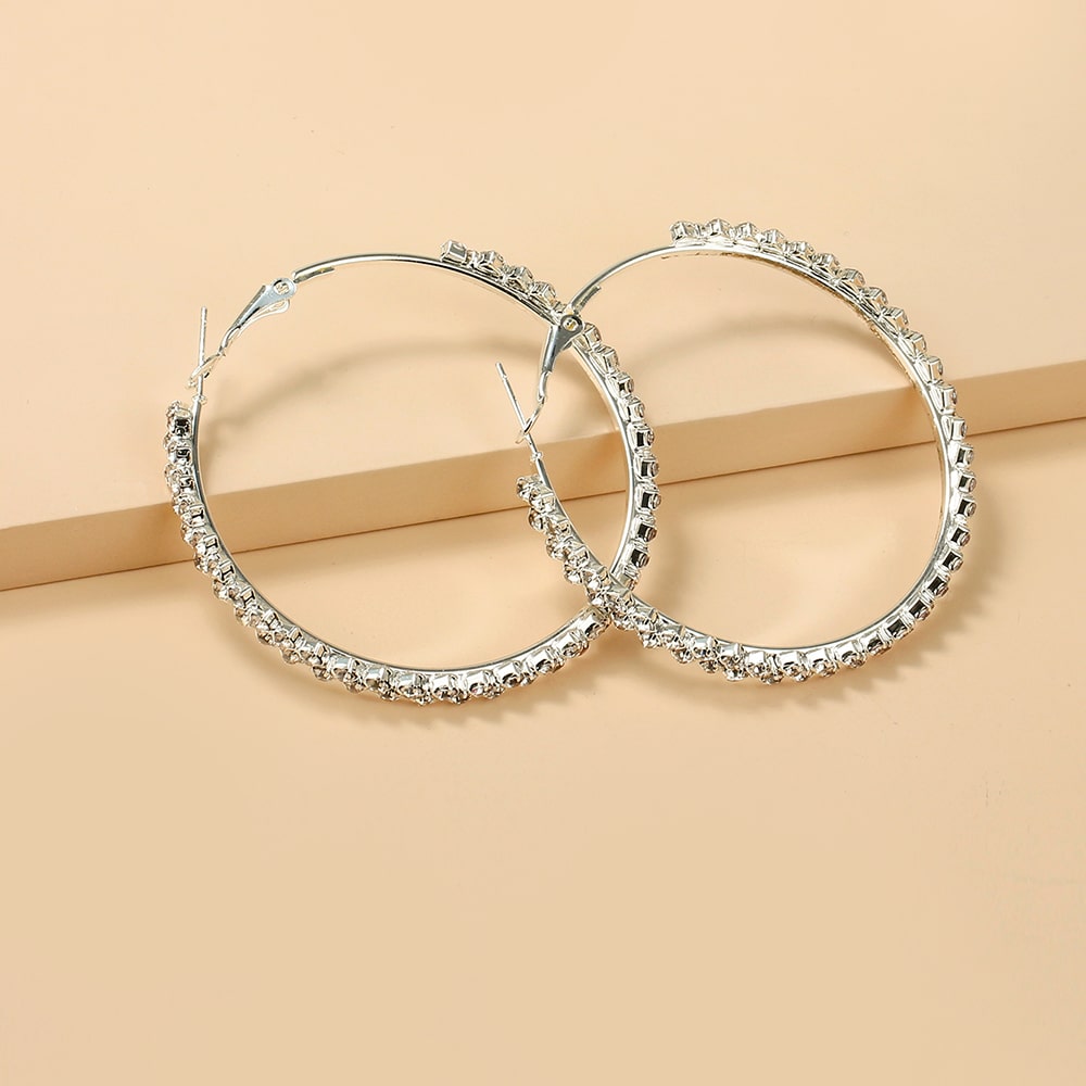 Faux Diamond Large Hoop Silver Earrings