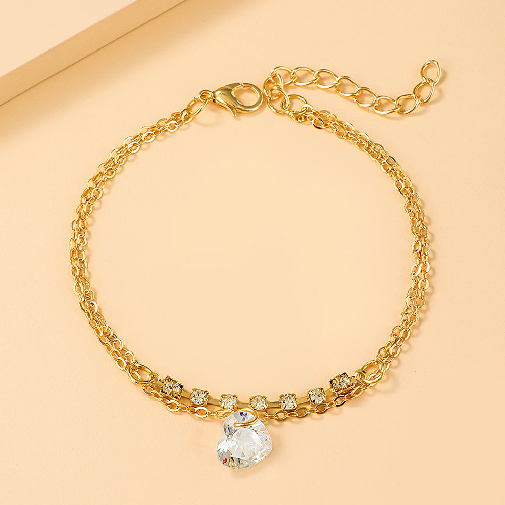 Heart Pendant Faux Diamond Gold Color Alloy Bracelet