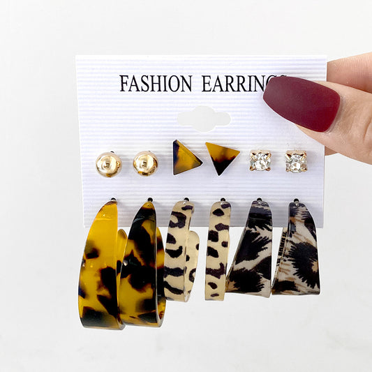 Earring Collection-  Leopard Pattern, Pearl, Rhinestone Earrings Set