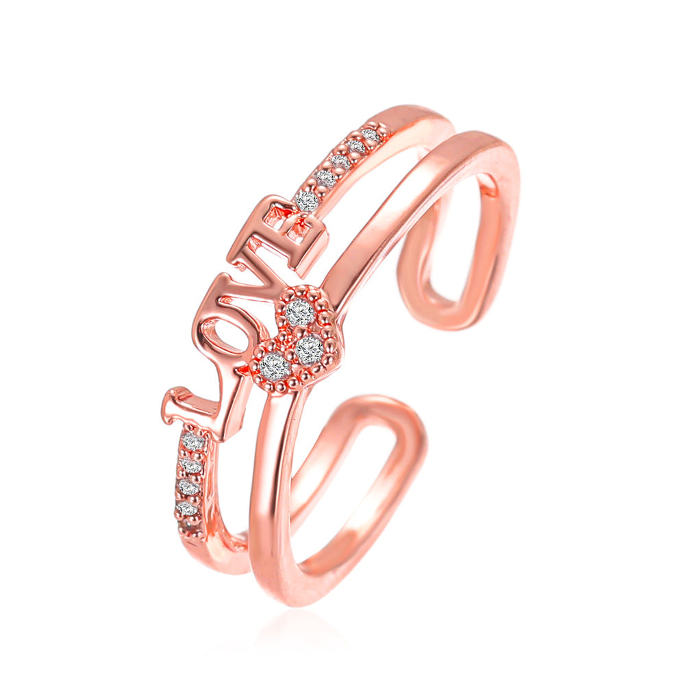 Rhinestone Love Design Copper Adjustable Ring.