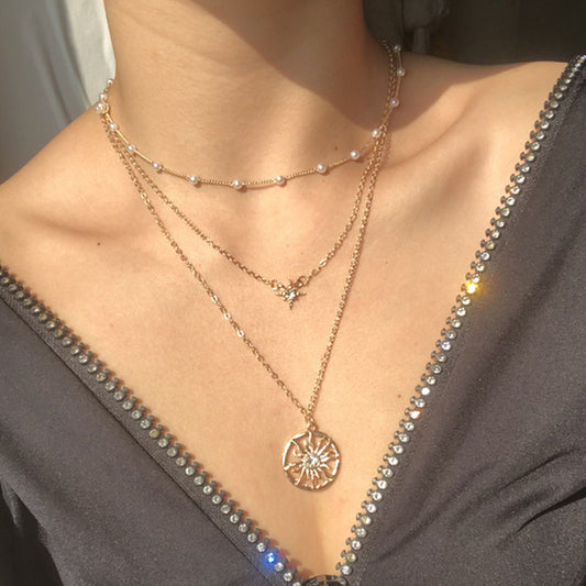 3-Layer Sun Design Pendant Gold Color Necklace