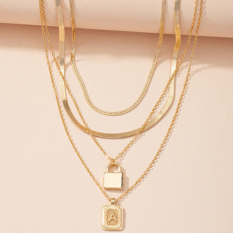 Letter And Lock Gold Color Pendant Necklace Set