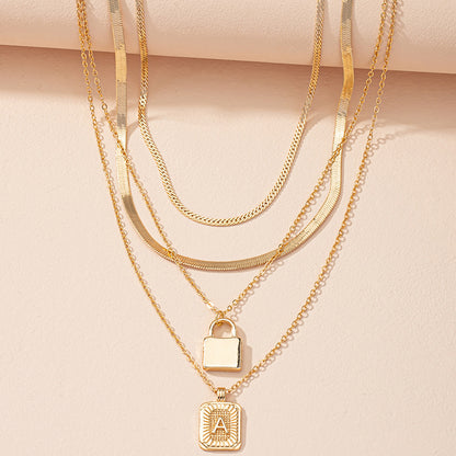 Letter And Lock Gold Color Pendant Necklace Set