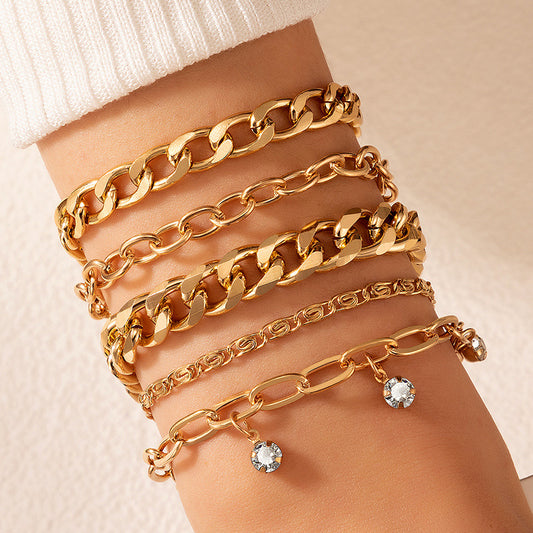 Multilayer Rhinestone Pendant Gold Color Alloy Bracelet Set