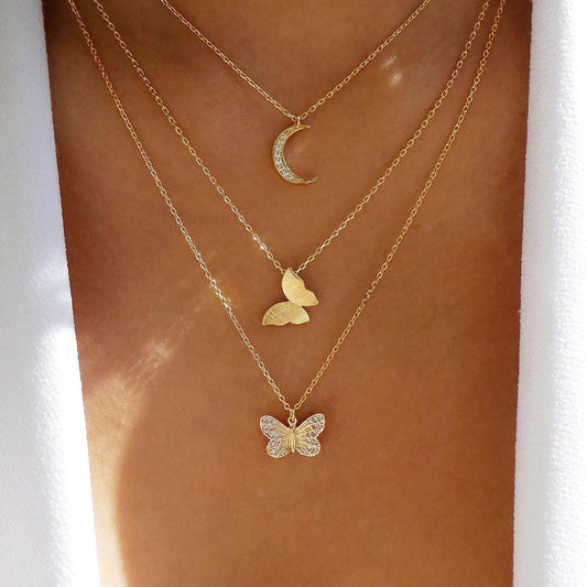 3-Layer Butterfly Moon Pendant Rhinestone Necklace