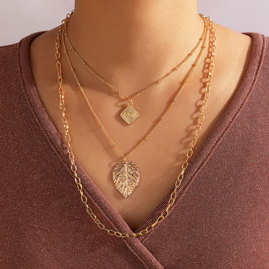 MultiLayer Leaf & Love Diamond Shape Pendant Necklace.