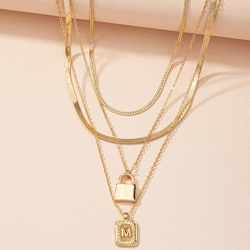 Letter And Lock Gold Color Pendant Necklace Set