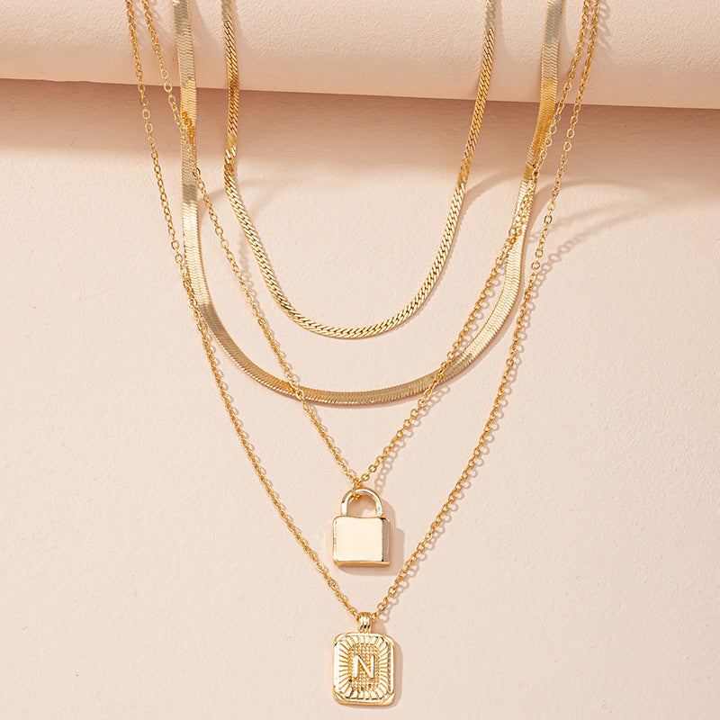 Letter And Lock Gold Color Pendant Necklace Set