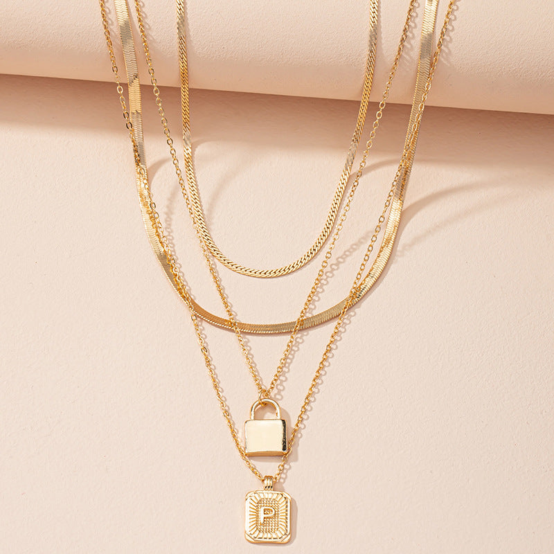Letter And Lock Gold Color Pendant Necklace Set