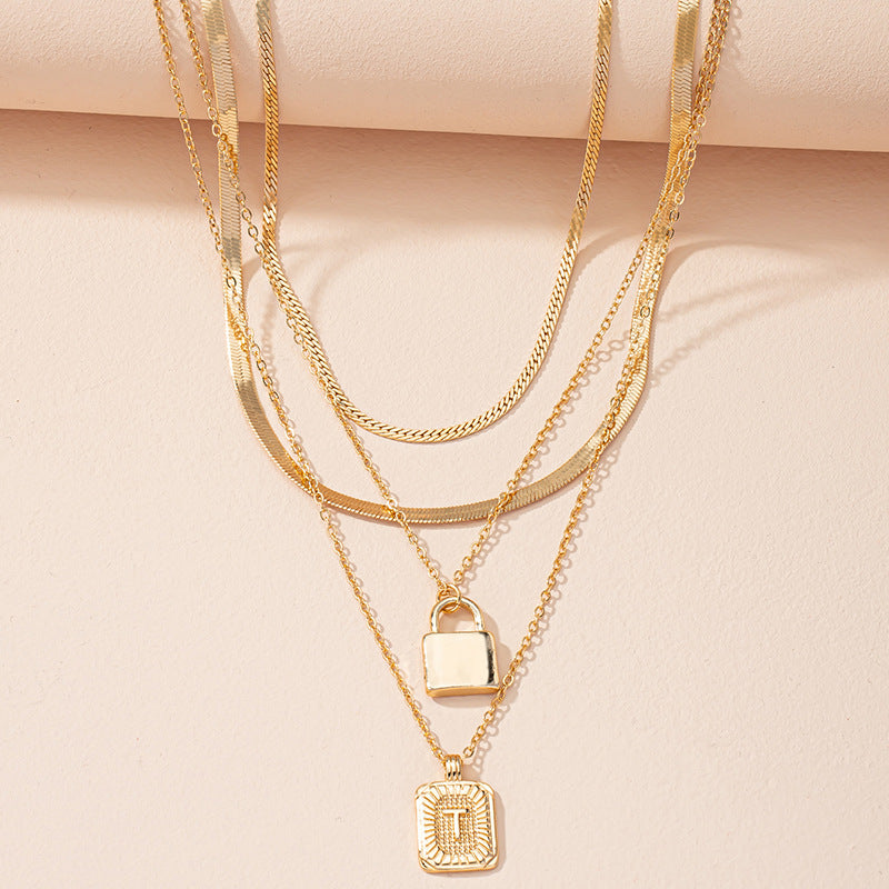 Letter And Lock Gold Color Pendant Necklace Set